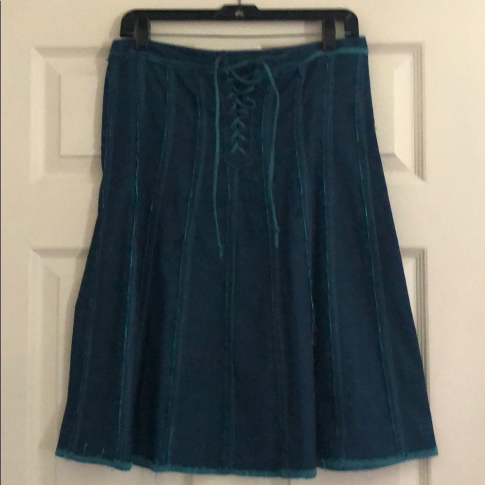 Chambray and turquoise, raw edged, lace up skirt